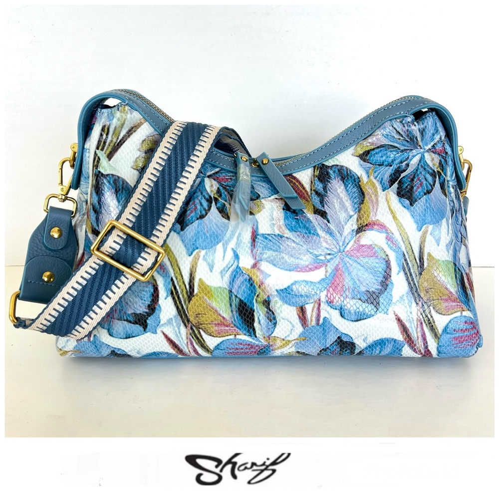 SHARIF Blue Iris Floral Snake Leather Crossbody Shoulder Bag Summer Satchel NWOT